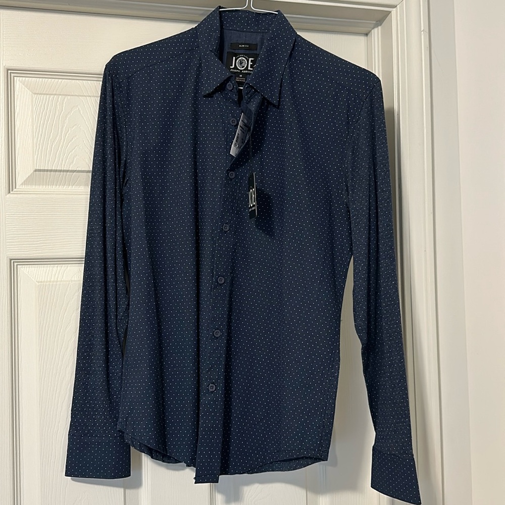 New with tags, men’s medium, navy with white dots, Joseph Abboud button up shirt